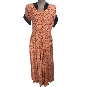 Vintage Womens S/M 40s Dress Orange Black Velvet Cuff Rayon Rockabilly Whimsy